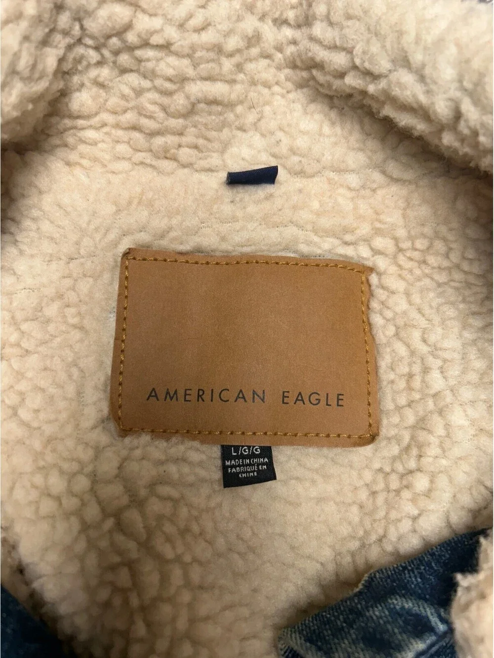 American Eagle Light Blue Sherpa Lined Mens Large Denim Jean Trucker Jacket